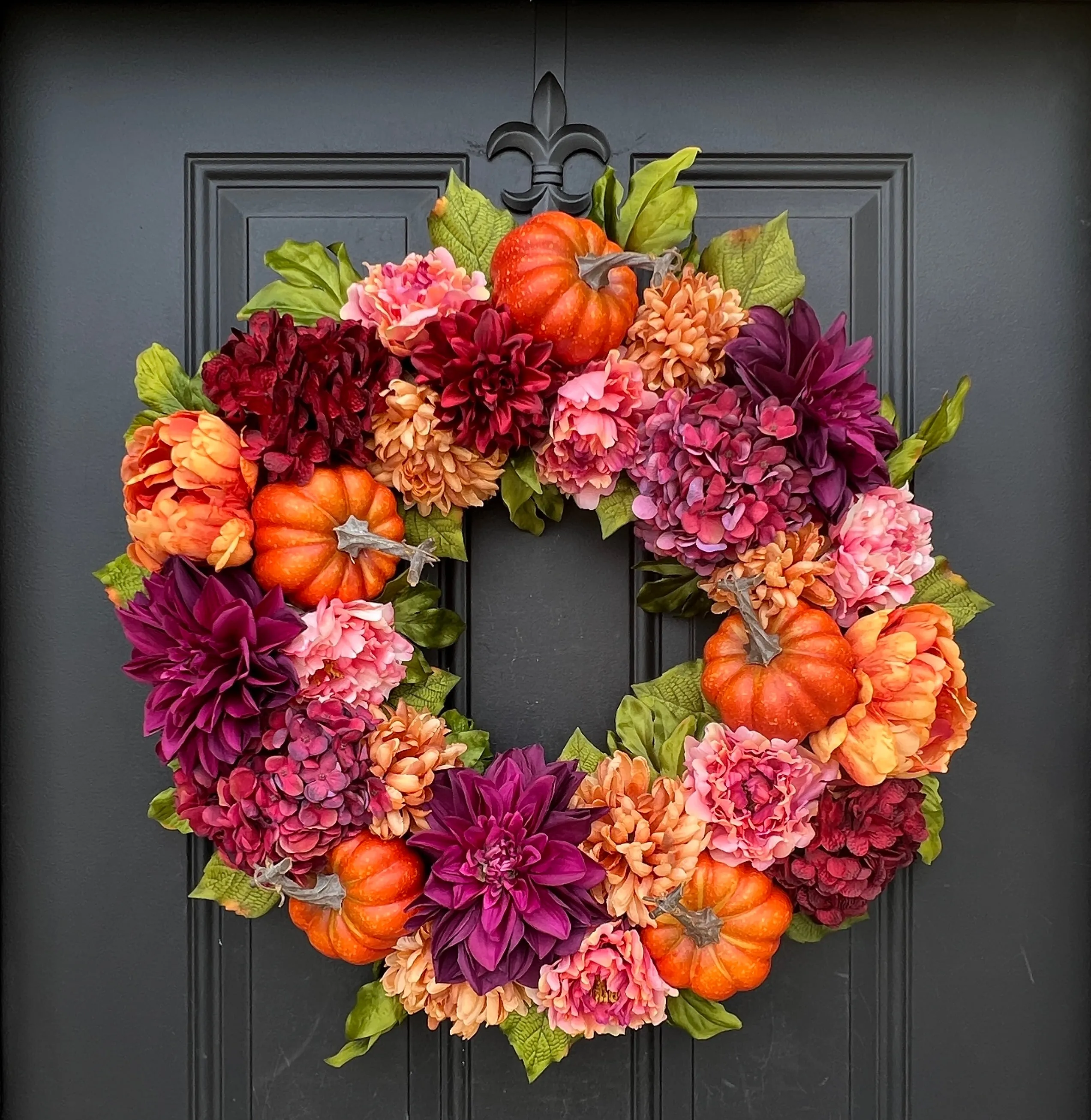 Bountiful Blooms Pumpkin Wreath with Peonies, Dahlias and Hydrangeas