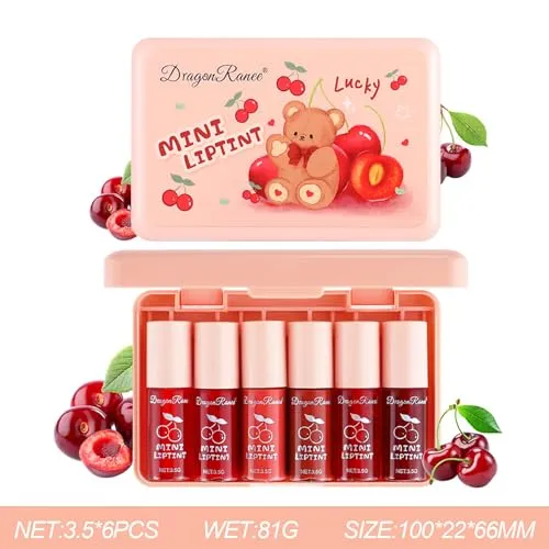 Eakroo 6 Colors Cherry Lip Tint Stain Set, Korean Velvet Lip Gloss Lip Stain Tint Mini Liquid Watery Lipstick, Multi-Use Lip and Cheek Tint, Long lasting, Non-Stick Cup, Waterproof, Vivid Color