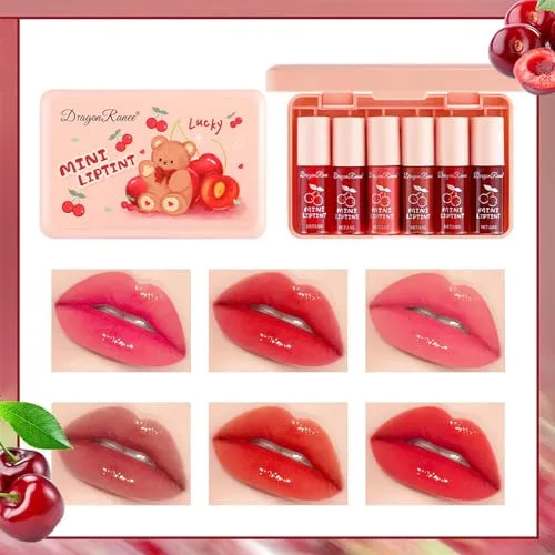 Eakroo 6 Colors Cherry Lip Tint Stain Set, Korean Velvet Lip Gloss Lip Stain Tint Mini Liquid Watery Lipstick, Multi-Use Lip and Cheek Tint, Long lasting, Non-Stick Cup, Waterproof, Vivid Color