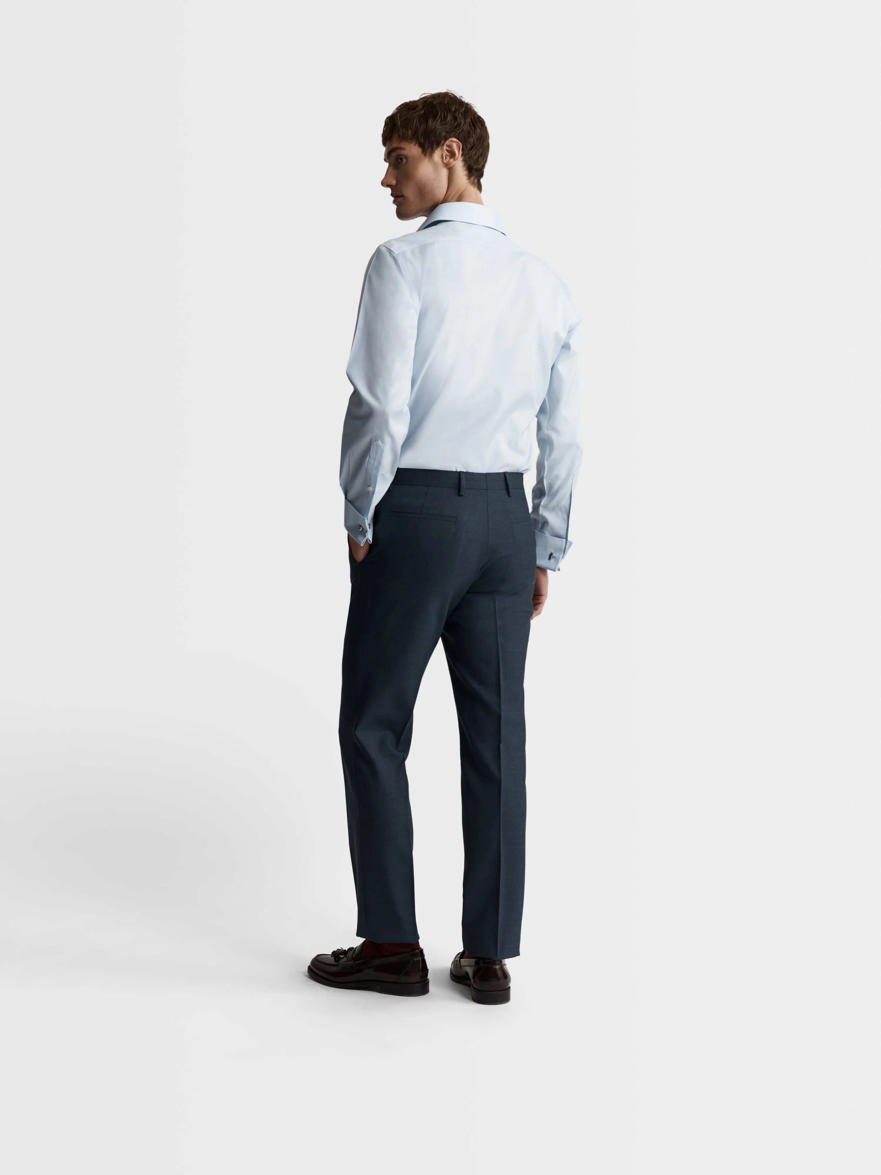 Non-Iron Light Blue Twill Slim Fit Double Cuff Classic Collar Shirt