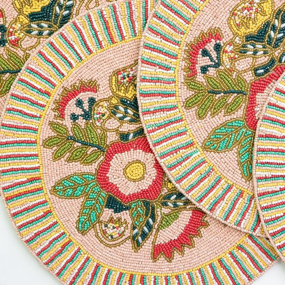 Pink Floral Round Beaded Placemat | Set of 4